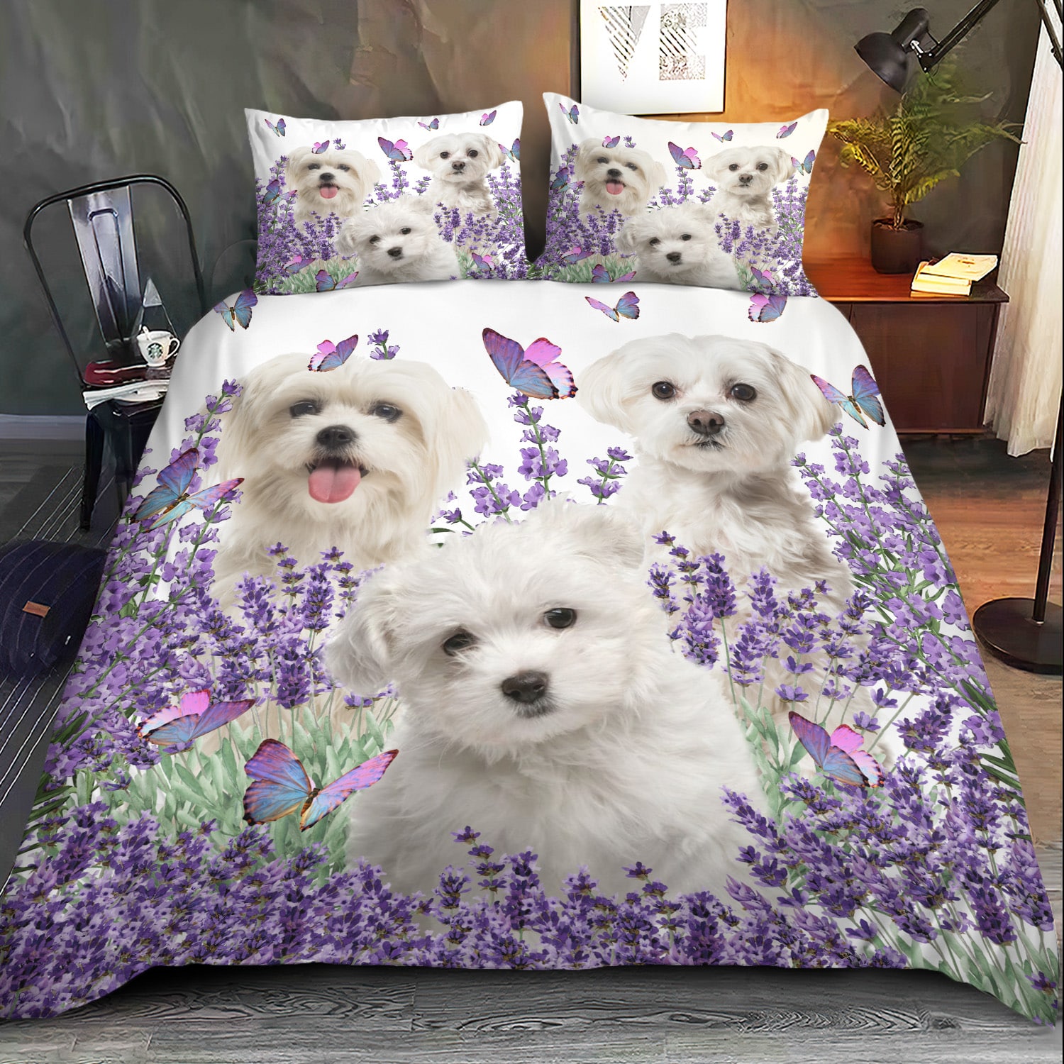 Purple Flower Maltese Dog Bed Set Bedding Set HunkWear.Com