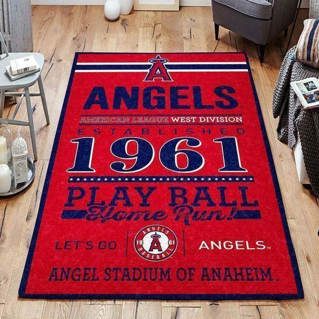 Angels Baseball Rug Play Ball Home Run Kids Room Decor Blue and Red