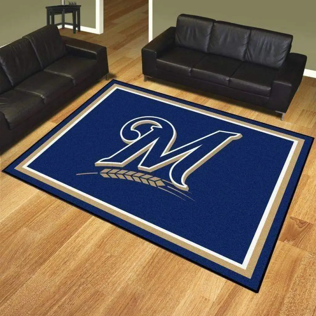 Area Rug with Large M Letter Design for Living Room Decor Beige and Blue