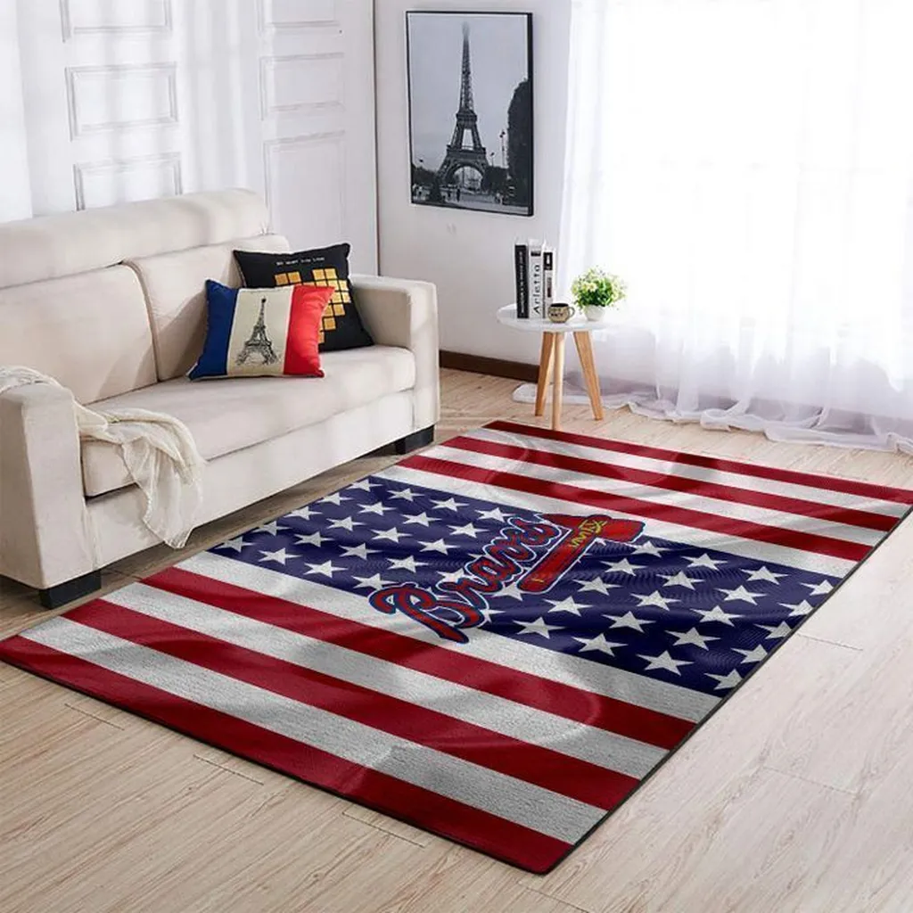 Atlanta Braves Rug - American Flag with Baseball Design Red and White