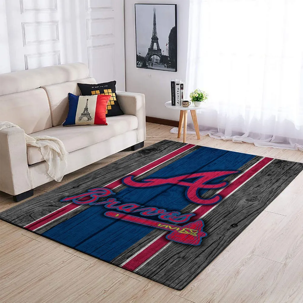 Atlanta Braves Rug - Striped Wood Pattern Area for Home Blue and Red