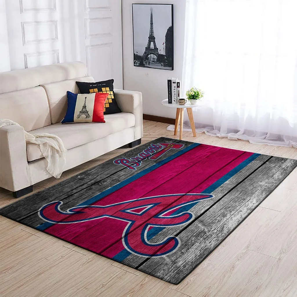 Atlanta Braves Rug - Wooden Floor Style Area for Living Room Blue and Red
