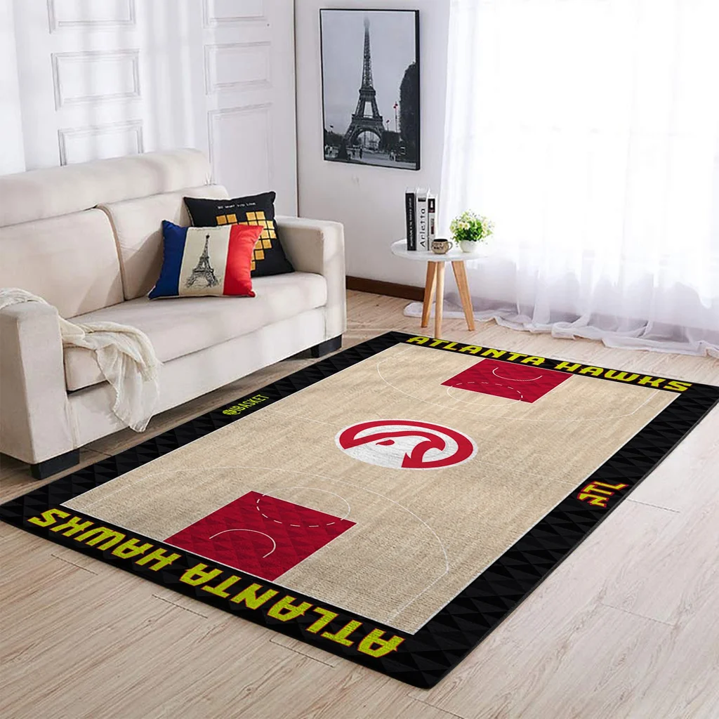 Atlanta Hawks Rug - Basketball Court Area for Home Decor Beige and Red