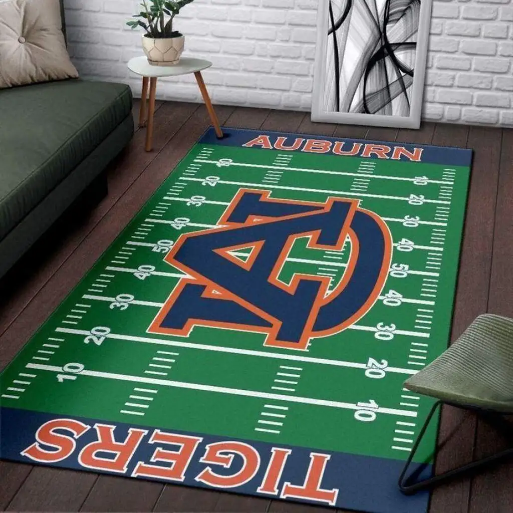 Auburn Tigers Rug - Football Field Team Room Decor Blue and Green