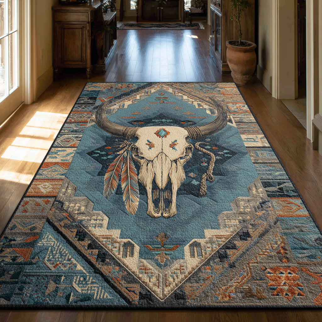 Azure Longhorn Spirit Area Rug - Non-Slip Washable 3D Print Rug for Living Room & BedroomTVC2108359
