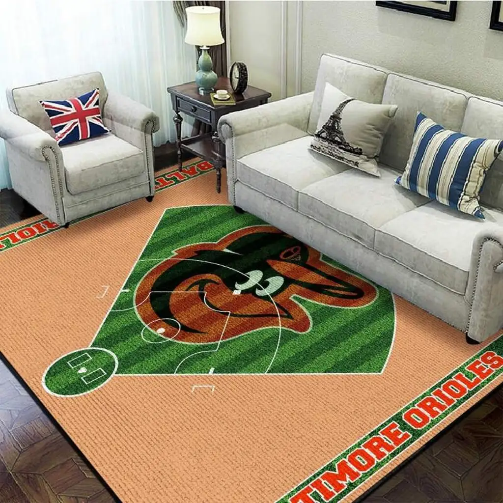 Baltimore Orioles Rug - Baseball Field Area for Kids Room Green and Orange