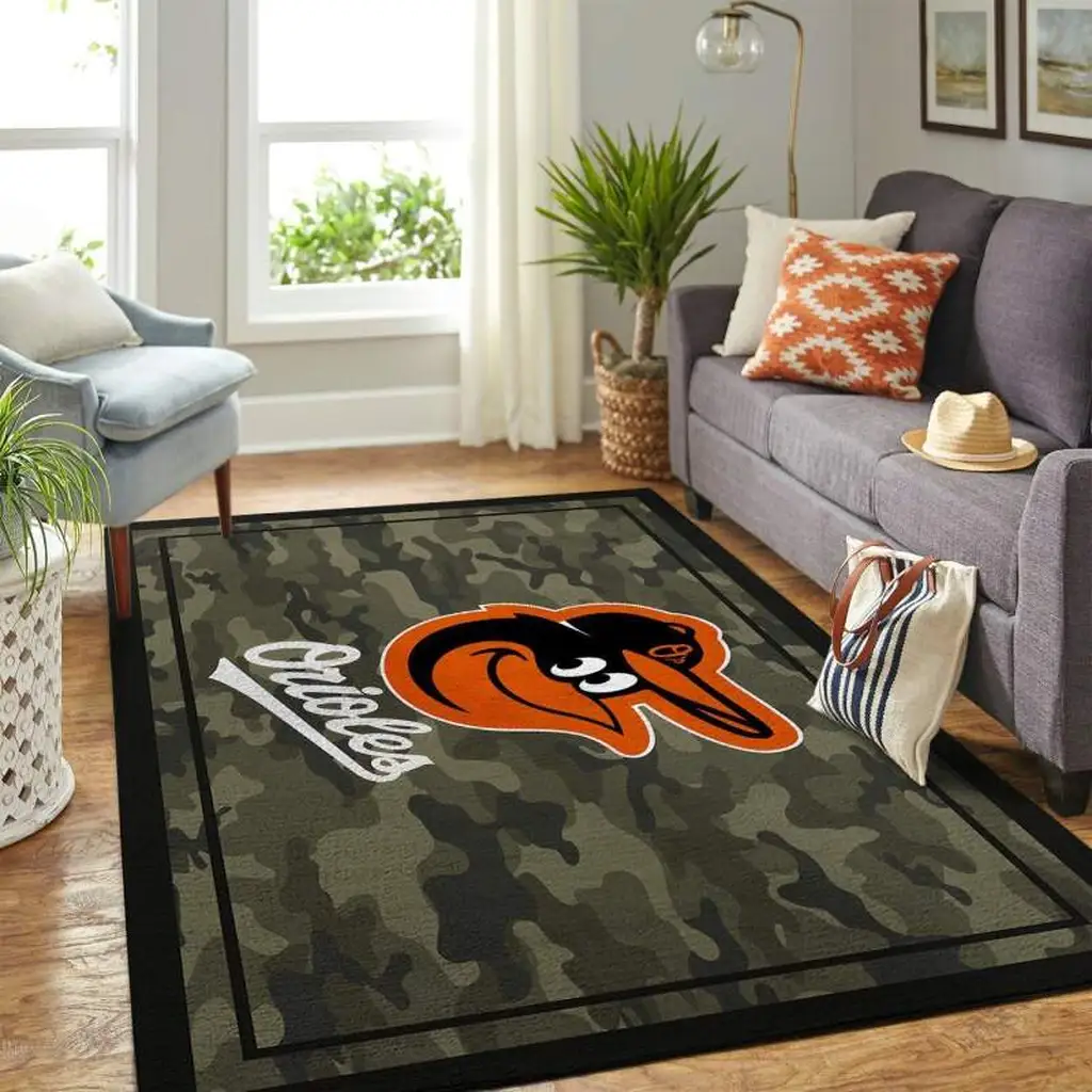 Baltimore Orioles Rug - Camo Area for Living Room Decor Green and Orange