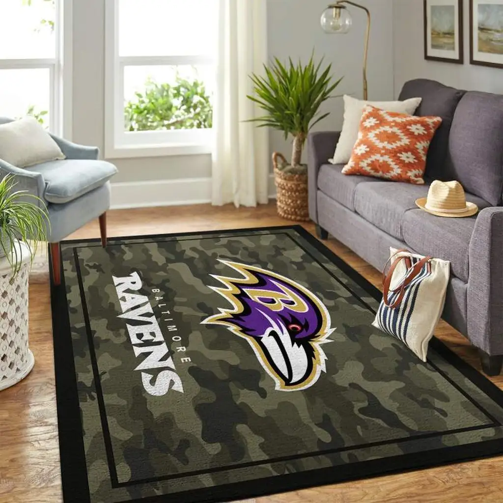 Baltimore Ravens Rug - Camo Area for Living Room Decor Green and Purple