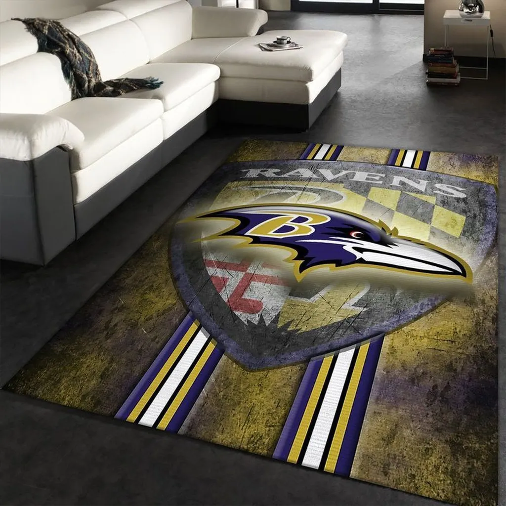 Baltimore Ravens Rug - Distressed Style Football Carpet Purple and Yellow