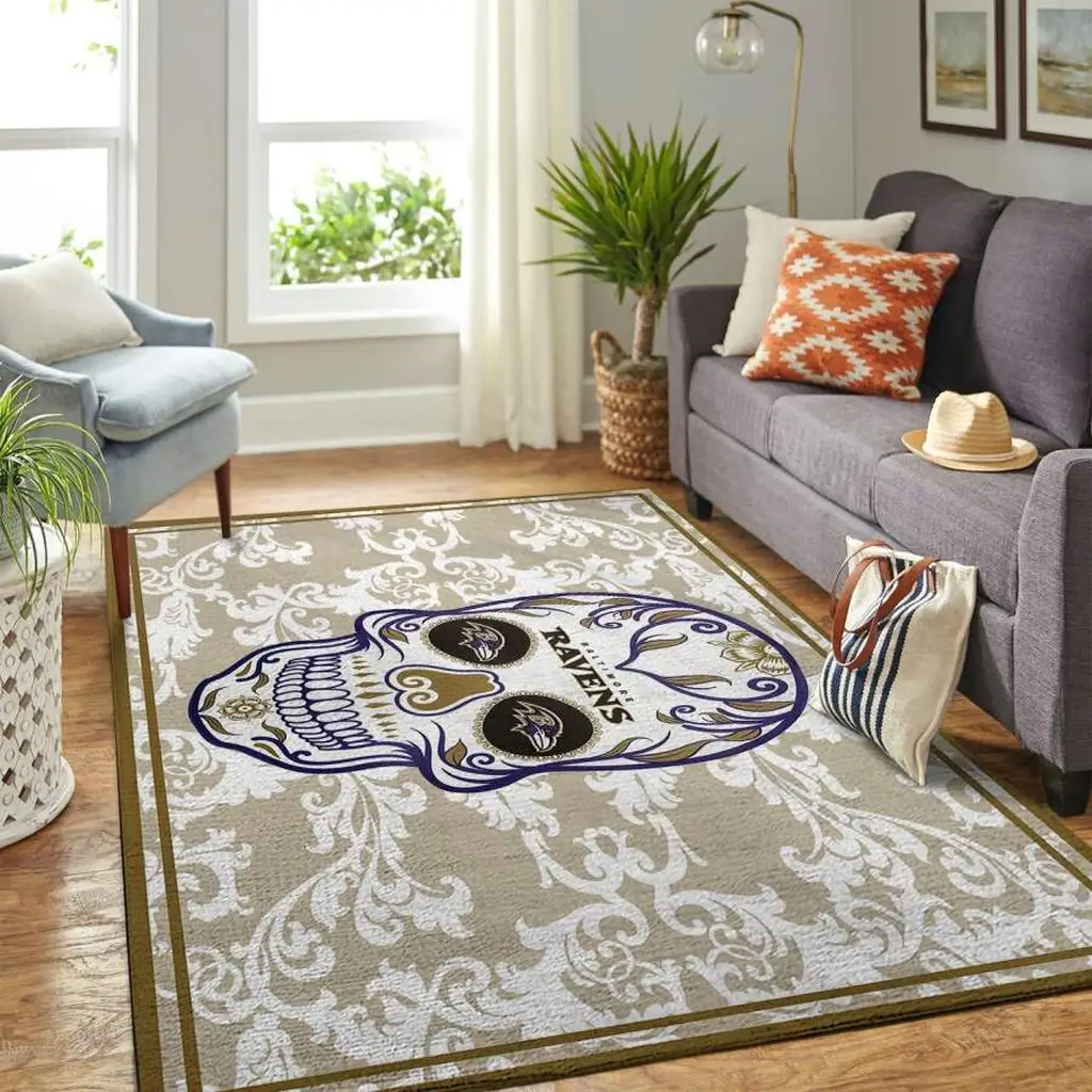 Baltimore Ravens Rug - Skull for Living Room Decor Beige and White