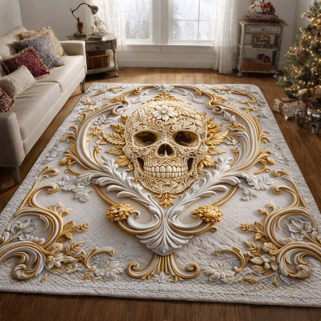 Baroque Ivory Skull Area Rug - Non-Slip Washable 3D Print Rug for Living Room & BedroomTVC2108430