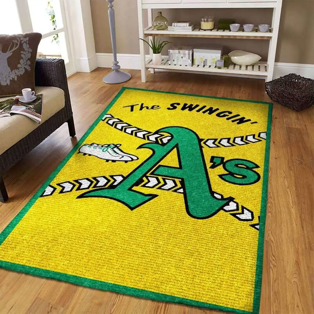 Baseball Rug for Living Room Sports Decor Green and Yellow