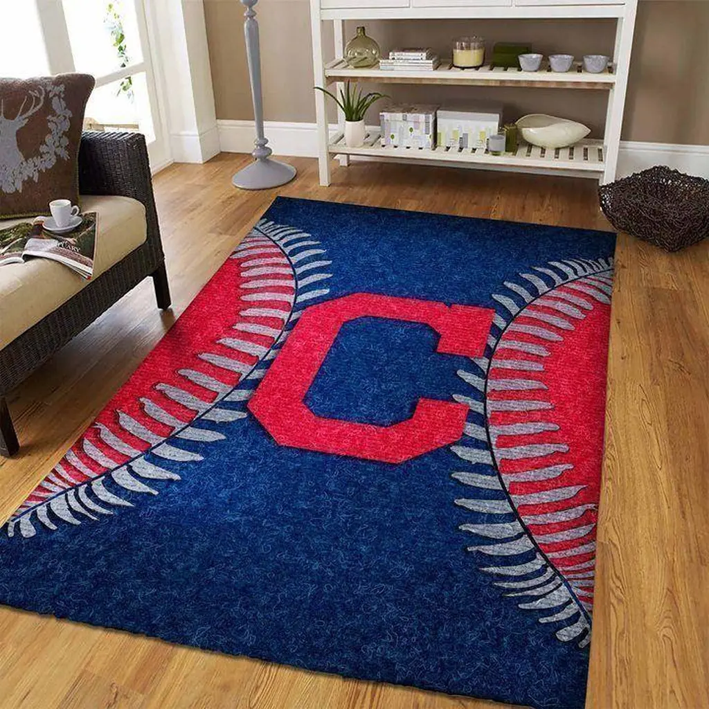 Baseball Rug with Large Letter C Design for Kids Room Blue and Red