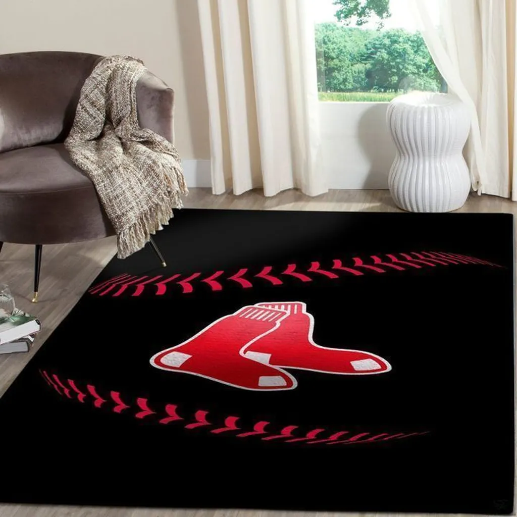 Baseball Stitch Area Rug with Socks Logo Design Black and Red