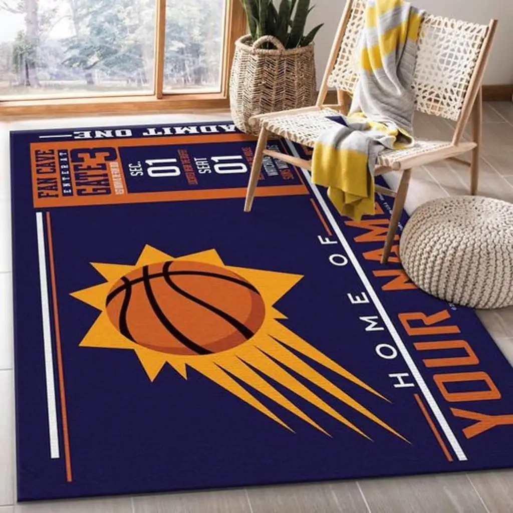 Basketball Area Rug Perfect for Game Room Decor Blue and Orange