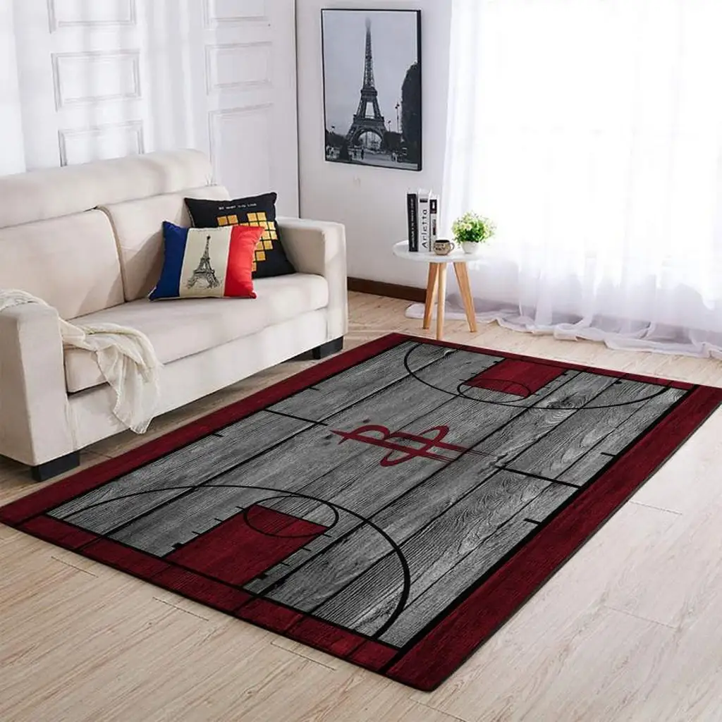 Basketball Court Rug for Living Room and Playroom Decor Red and Gray