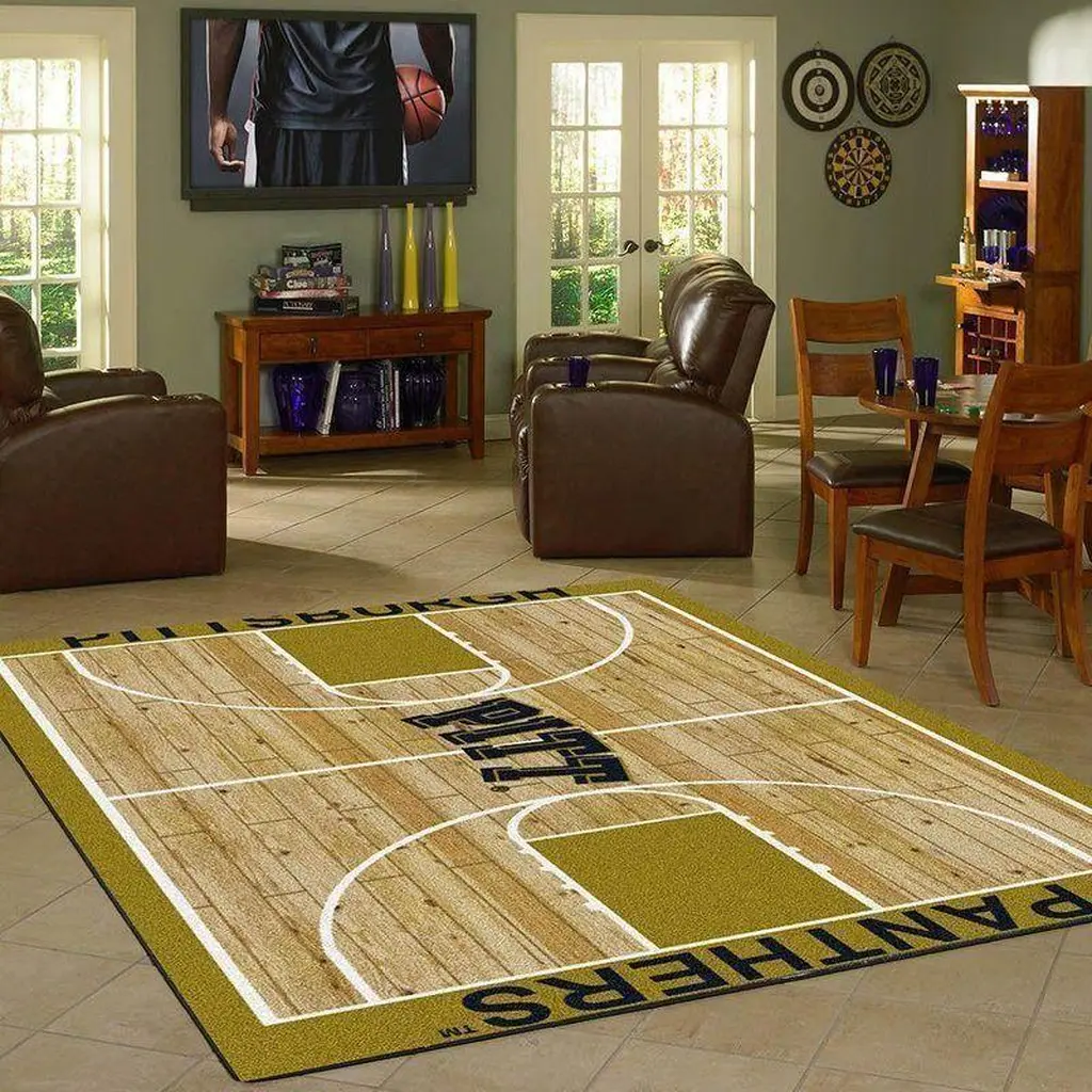 Basketball Court Rug with Panthers Logo for Game Room Beige and Yellow