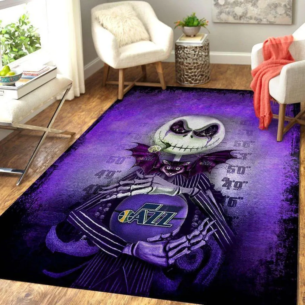 Basketball Rug with Spooky Skeleton Design for Kids Blue and White