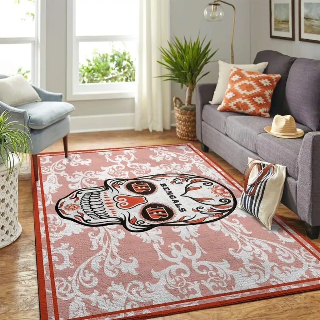 Bengal Skull Pattern Area Rug for Living Room Decor Orange and White
