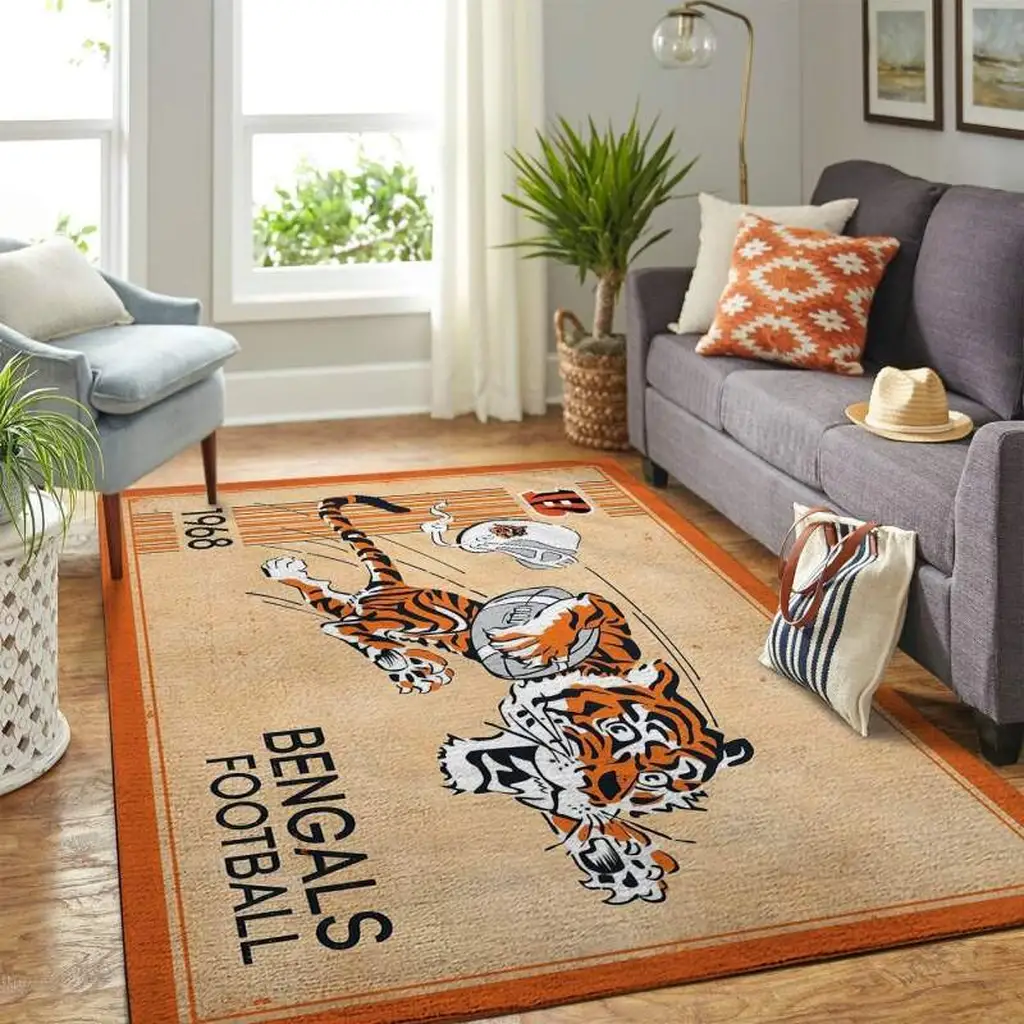Bengals Football Rug for Living Room Decor and Style Beige and Orange