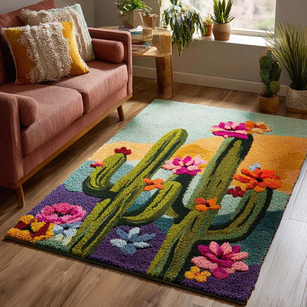 Blooming Cactus Area Rug - Non-Slip Washable 3D Print Rug for Living Room & BedroomTVC2108354