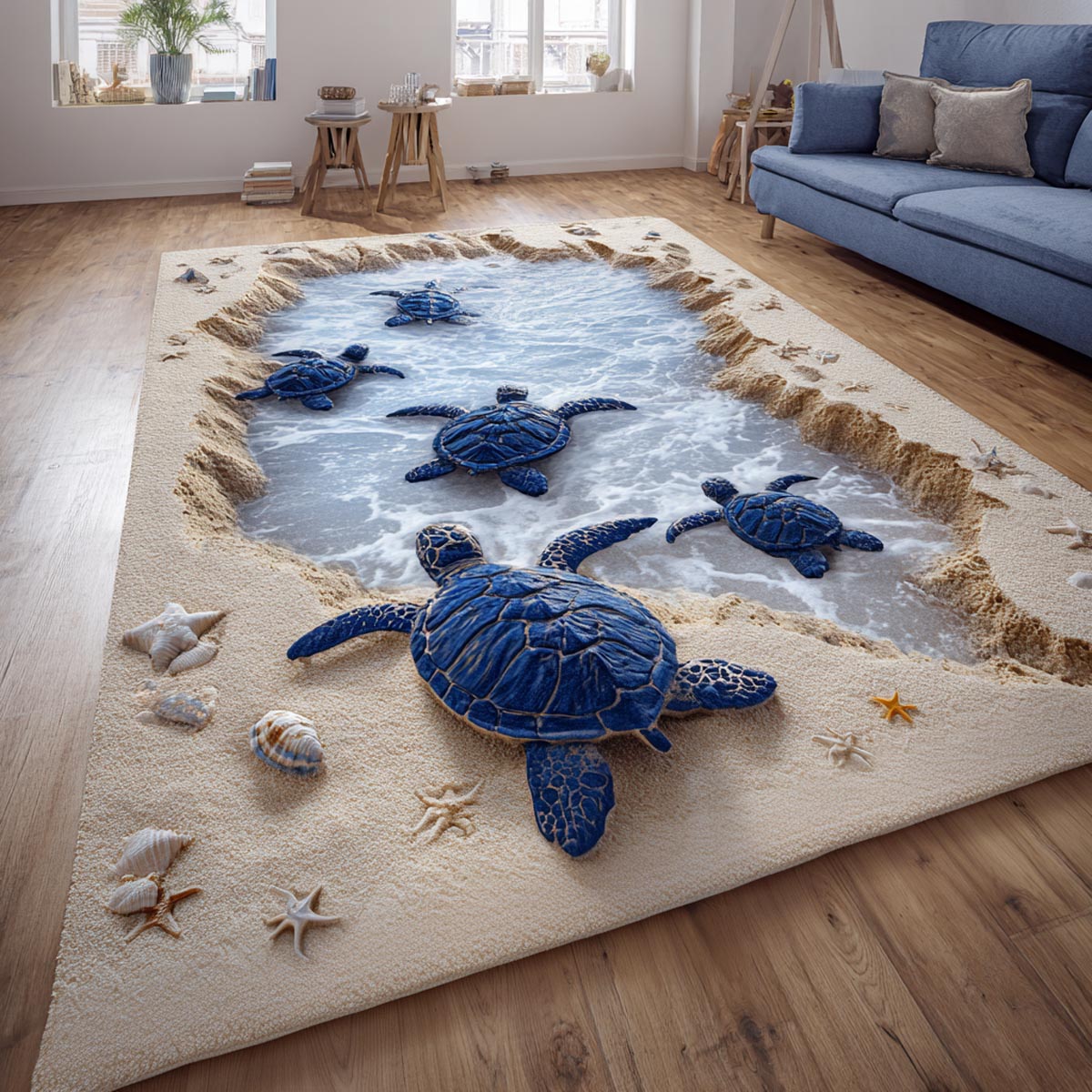Blue Turtle Area Rug - Non-Slip Washable 3D Print Rug for Living Room & BedroomTVC2108353