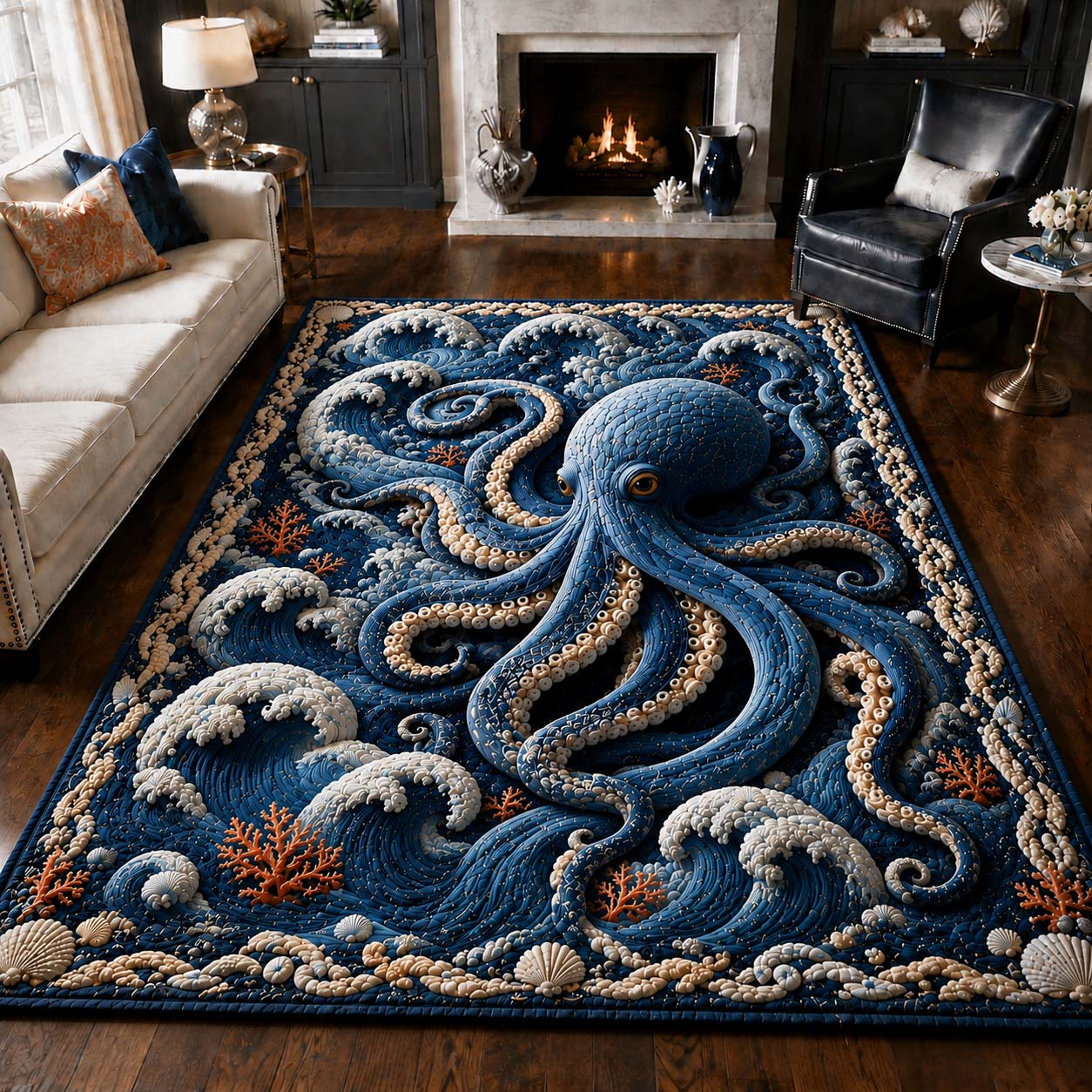 Blue Wave Octopus Area Rug - Non-Slip Washable 3D Print Rug for Living Room & BedroomTVC2108429
