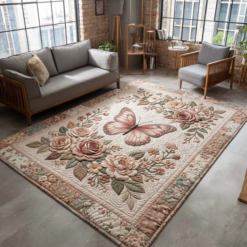 Blush Garden Flutter Area Rug - Non-Slip Washable 3D Print Rug for Living Room & BedroomTVC2108429