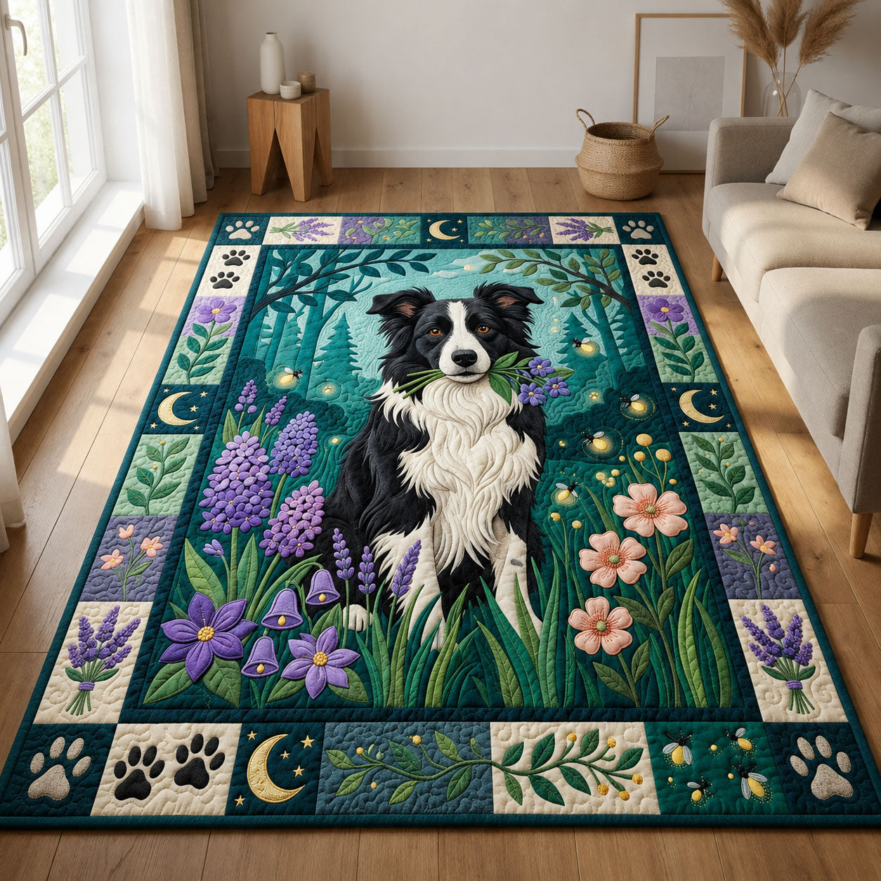 Border Collie Lavender Garden Area Rug - Non-Slip Washable 3D Print Rug for Living Room & BedroomTVC2108428