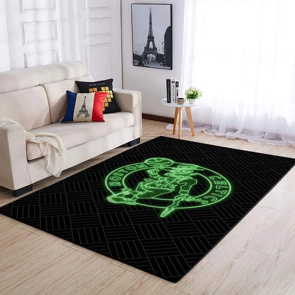 Boston Celtics Rug - Neon Logo for Living Room Black and Green