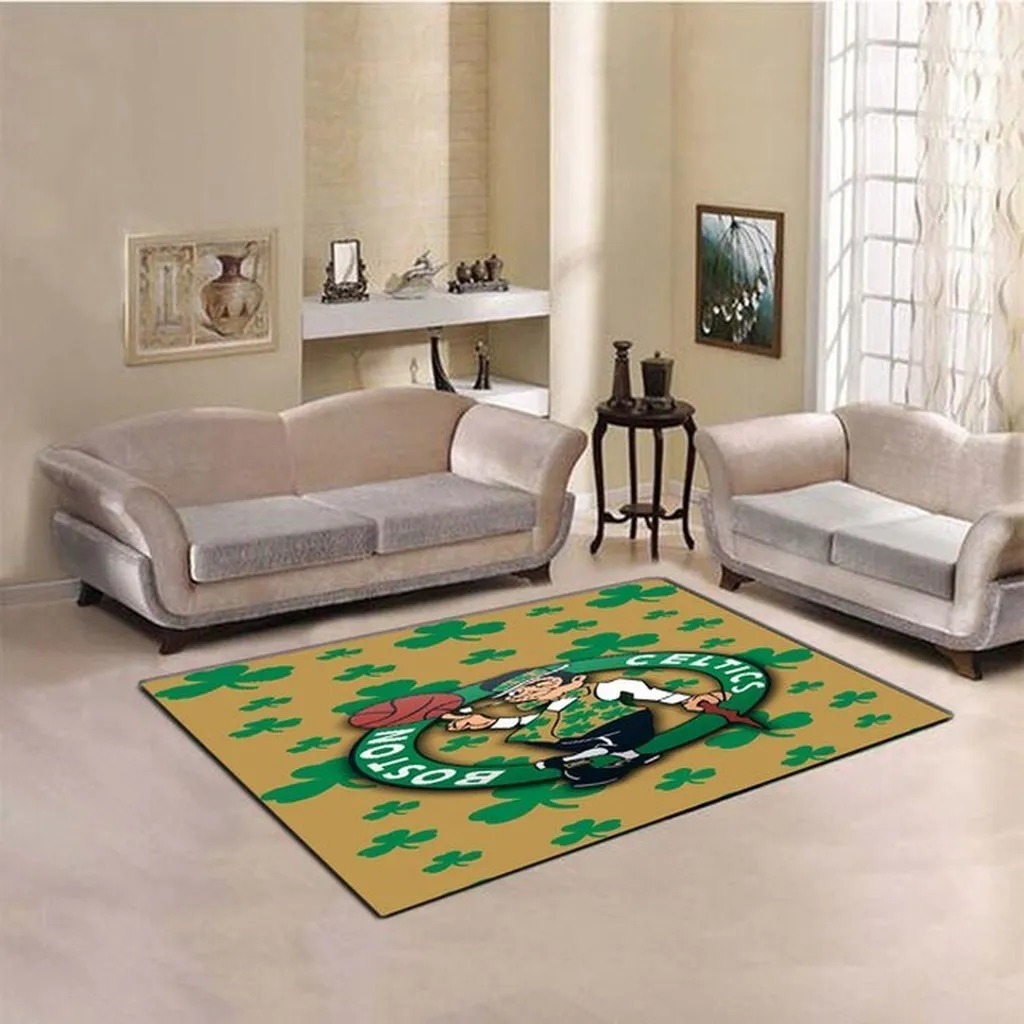 Boston Celtics Rug - Shamrock Area for Living Room Decor Beige and Green