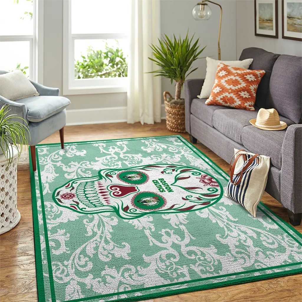 Boston Celtics Rug - Sugar Skull Area for Living Room Decor Green and White