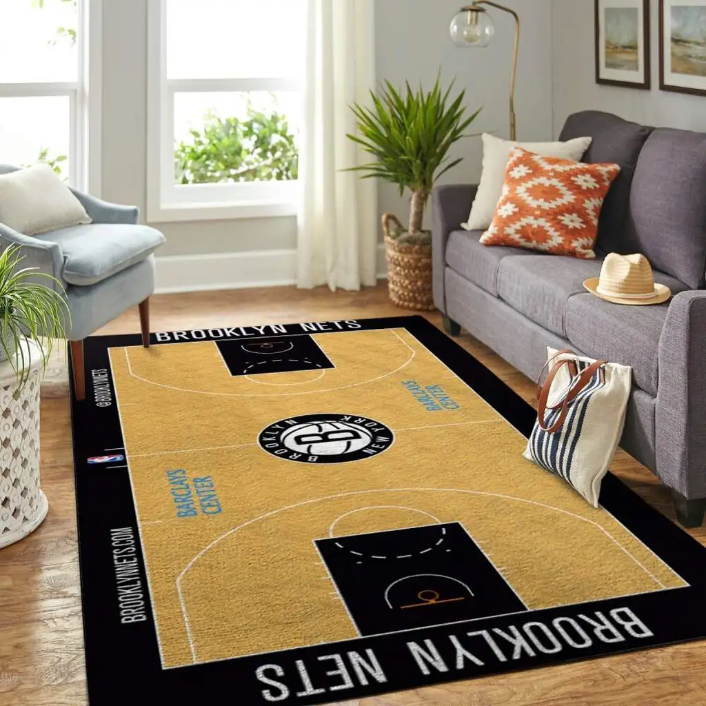 Brooklyn Nets Rug - Basketball Court Area for Home Decor Beige and Black