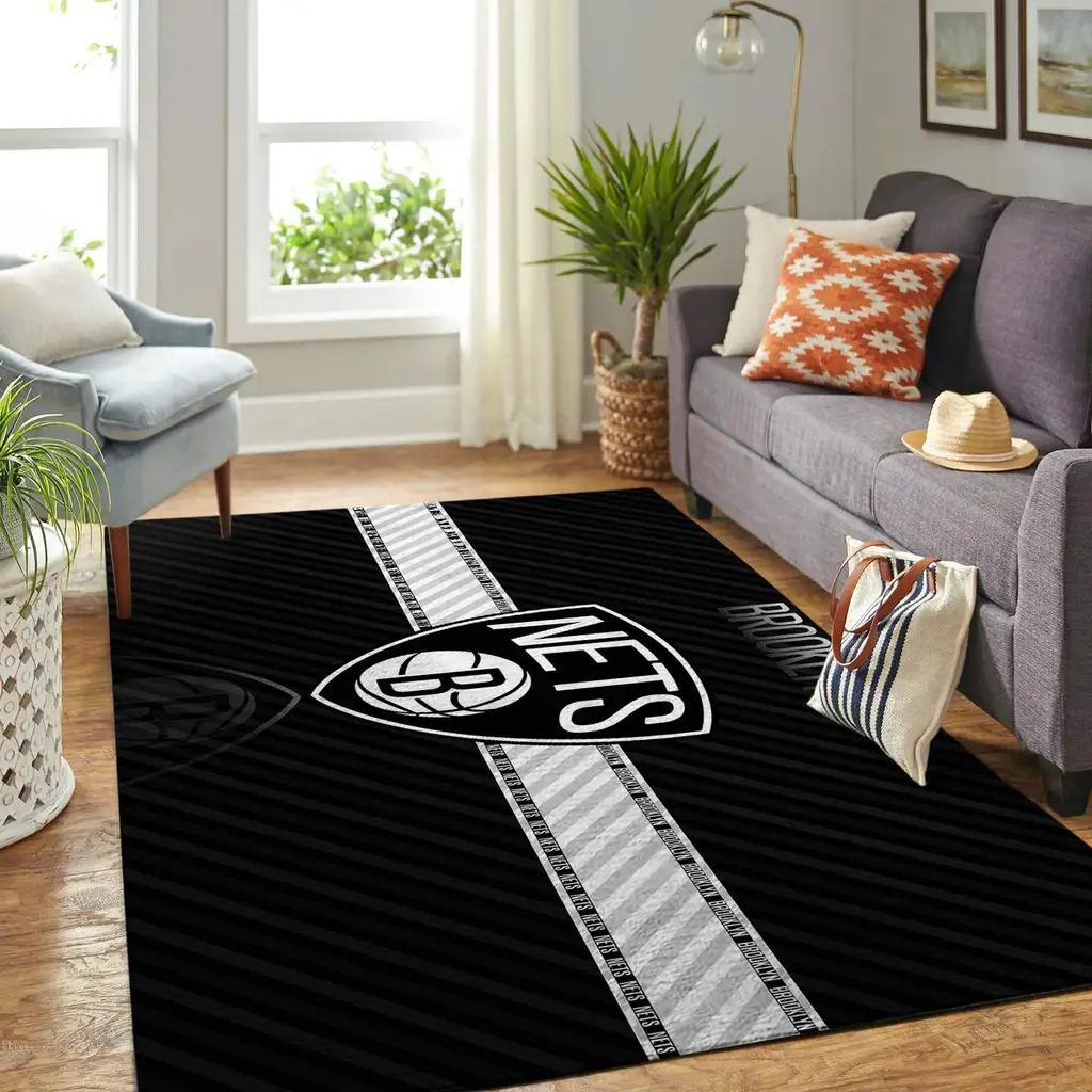 Brooklyn Nets Rug - Stripe Official NBA Floor Decor Black and White