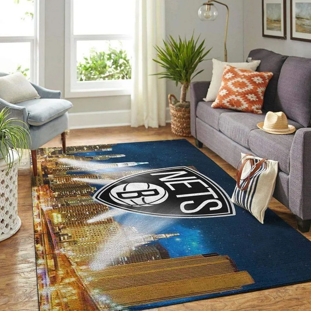 Brooklyn Nets Rug - Urban Skyline Area for Living Room Black and Blue