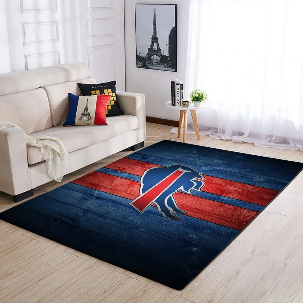 Buffalo Pattern Wooden Area Rug for Living Room Decor Blue and Red