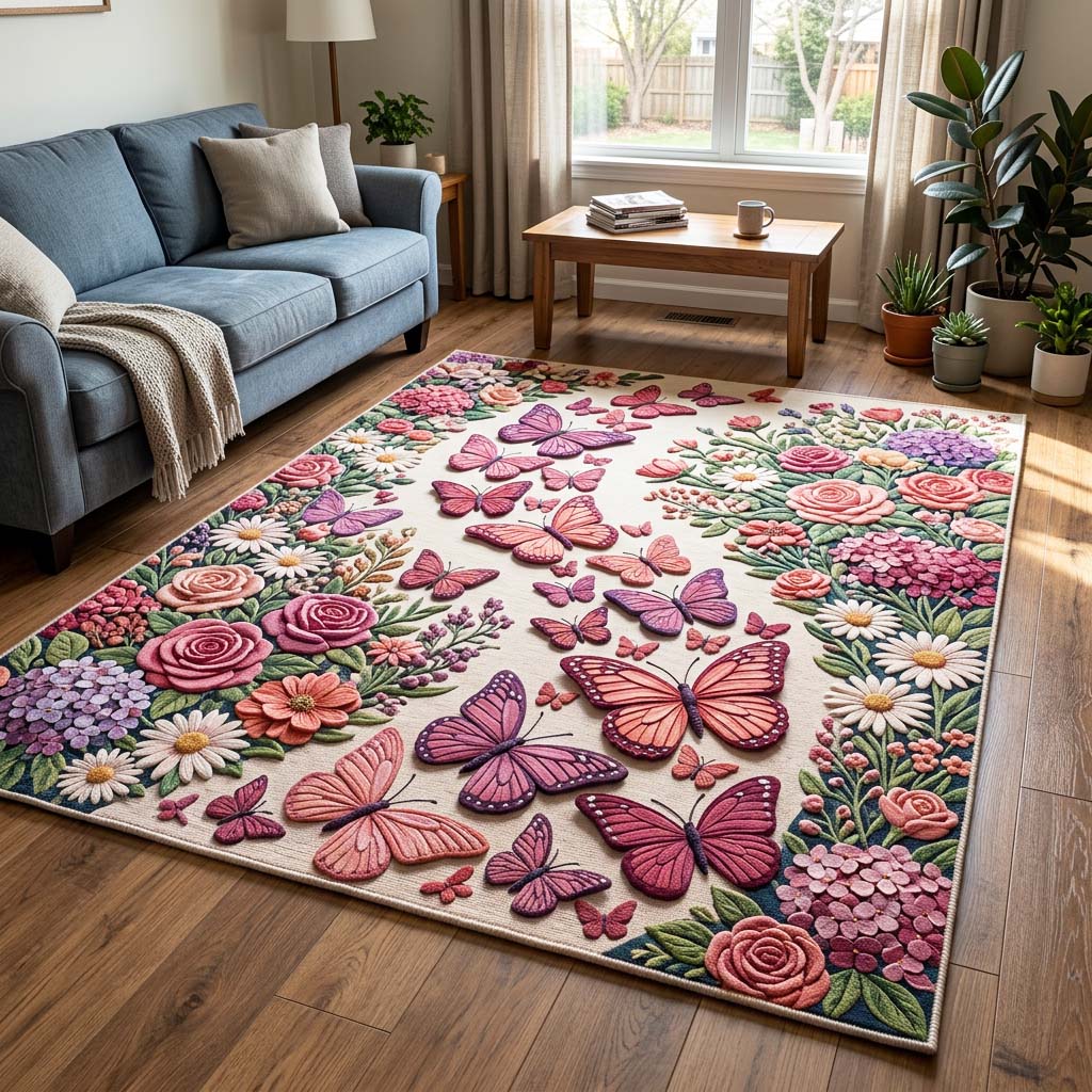 Butterfly Garden Area Rug - Non-Slip Washable 3D Print Rug for Living Room & BedroomTVC2108427