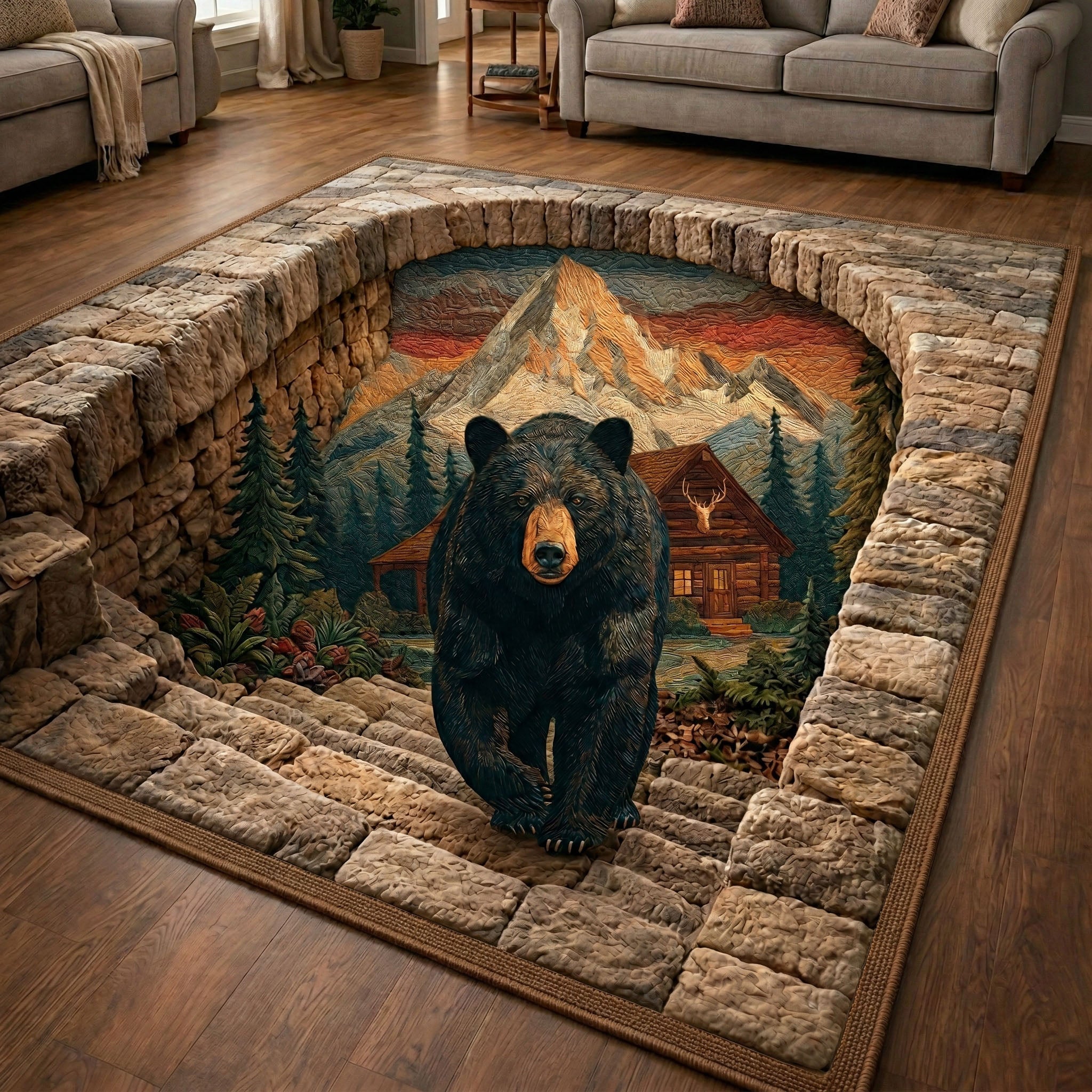 Cabin Mountain Bear Area Rug - Non-Slip Washable 3D Print Rug for Living Room & BedroomTVC2108350