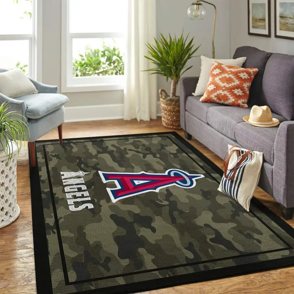 Camo Rug with Angel Logo Perfect for Living Room Decor Black and Green