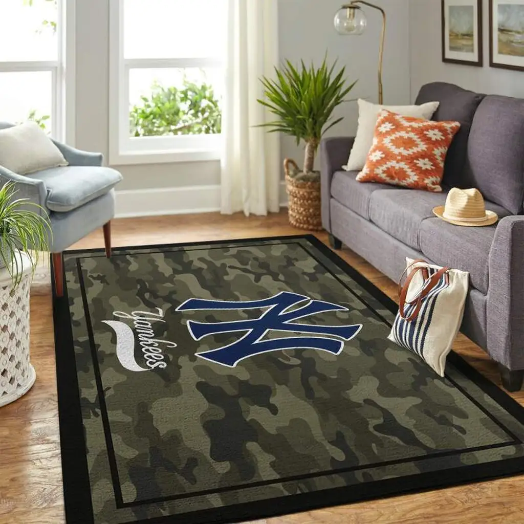 Camouflage Area Rug Featuring Yankees Logo Design Black and Green