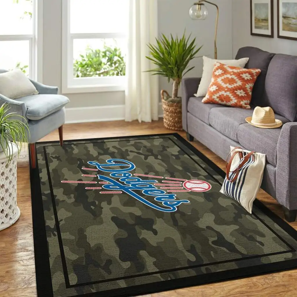 Camouflage Dodgers Logo Rug for Living Room Decor Black and Green