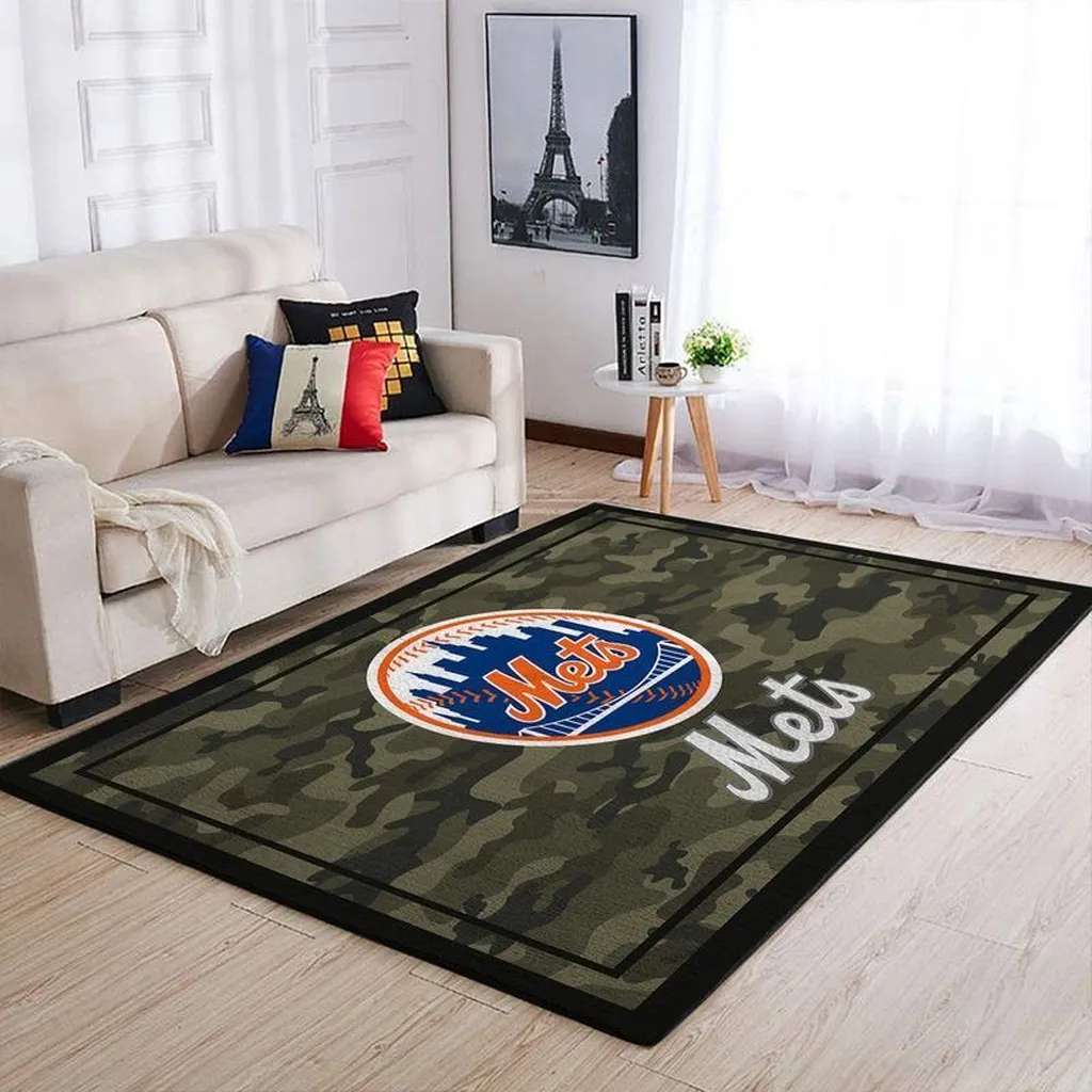 Camouflage Mets Logo Rug Perfect for Living Room Decor Black and Green