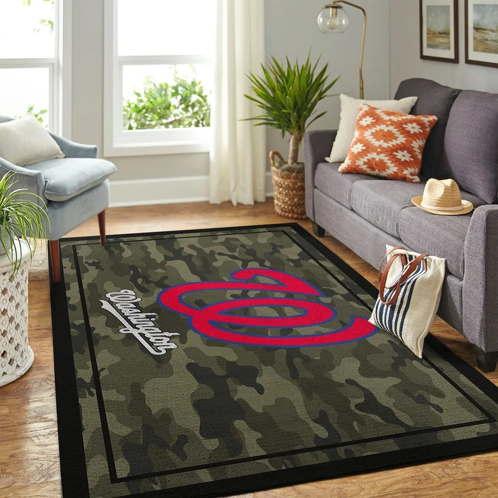 Camouflage Rug with Washington Logo for Living Room Decor Black and Green