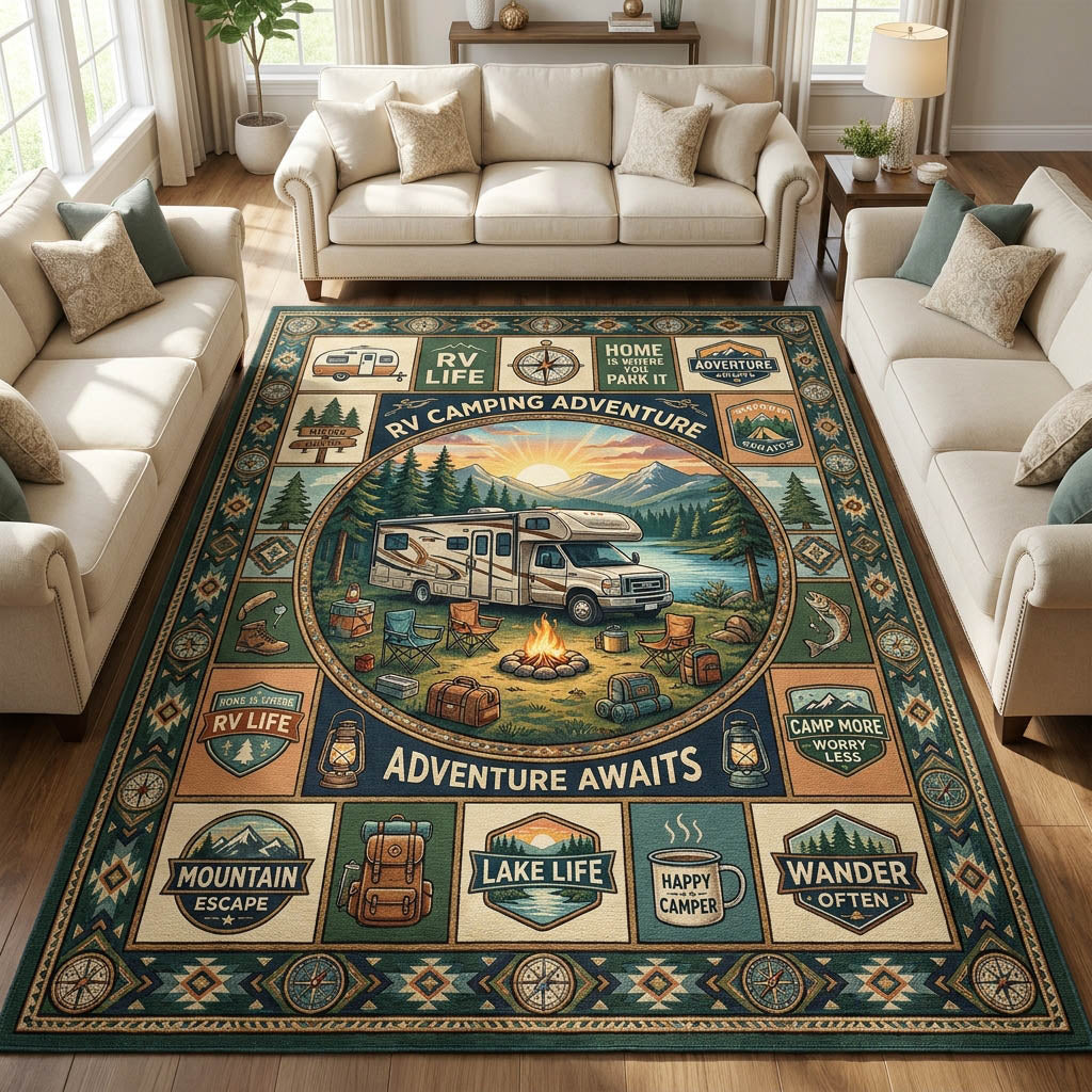 Camping Area Rug - Non-Slip Washable 3D Print Rug for Living Room & Bedroom (DesignTVC2108208