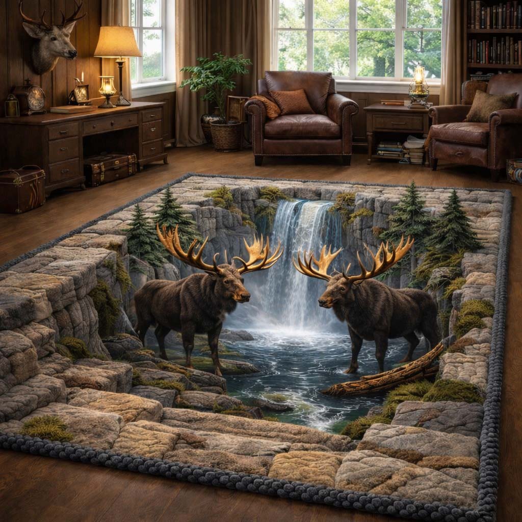 Cascade Creek Moose Area Rug - Non-Slip Washable 3D Print Rug for Living Room & BedroomTVC2108424