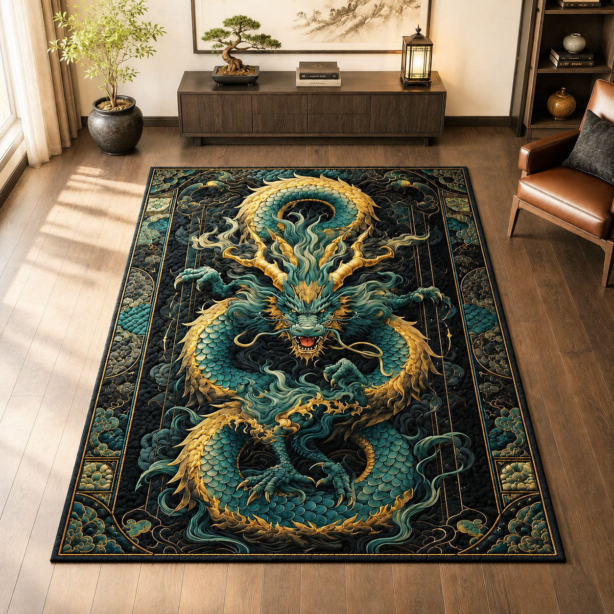 Celestial Jade Dragon Area Rug - Non-Slip Washable 3D Print Rug for Living Room & BedroomTVC2108424