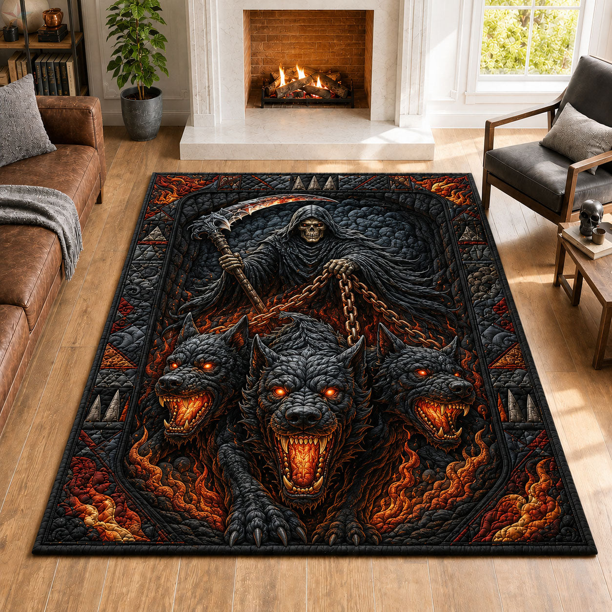 Cerberus Hellhound Grim Reaper Fire Area Rug - Non-Slip Washable 3D Print Rug for Living Room & BedroomTVC2108424