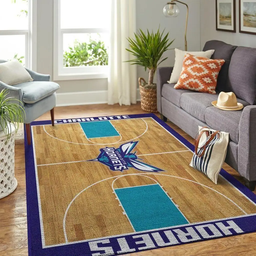 Charlotte Hornets Rug - Basketball Court Area Carpet Blue and Brown