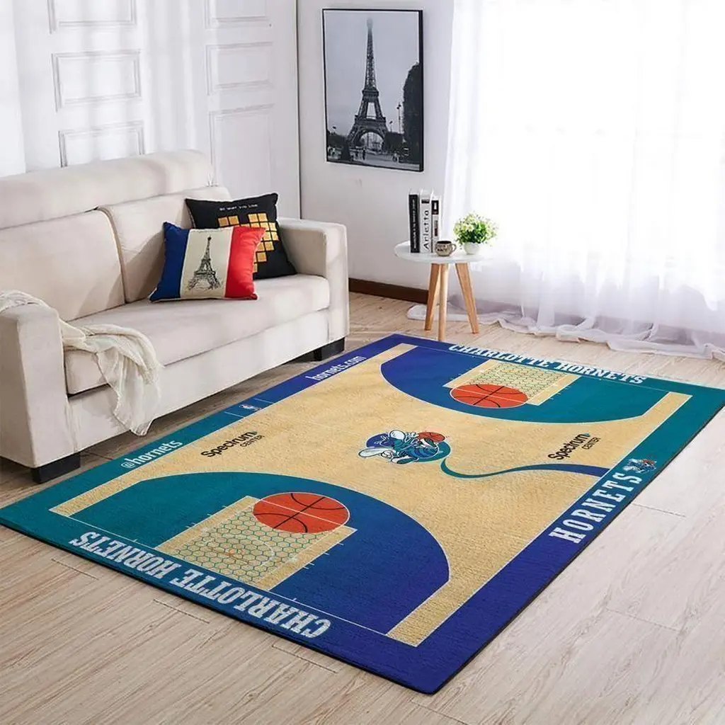 Charlotte Hornets Rug - Basketball Court Area Design Beige and Blue