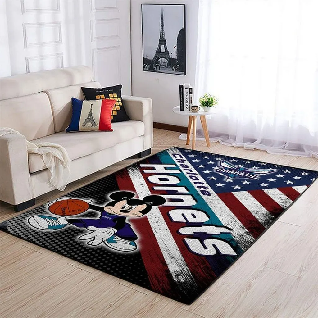 Charlotte Hornets Rug - Basketball with USA Flag Design Black and Red